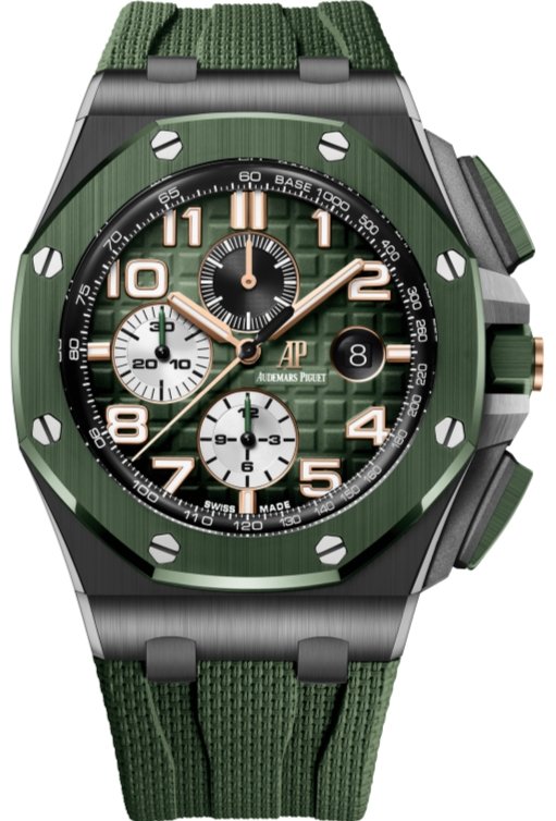 Audemars Piguet Royal Oak Offshore Selfwinding Chronograph - Stainless Steel - Green Strap - Green Dial - White Sub-Dials - Green Ceramic Bezel - Ref# 26405CE.OO.A056CA.01